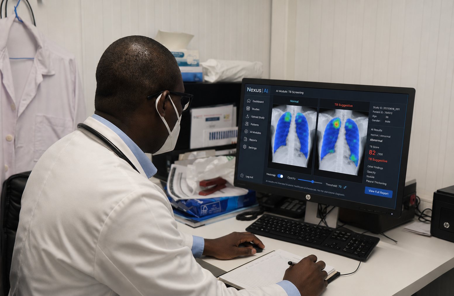 A clinician reviewing Nexus AI CXR results: the original X-ray with heat maps and findings side by side.