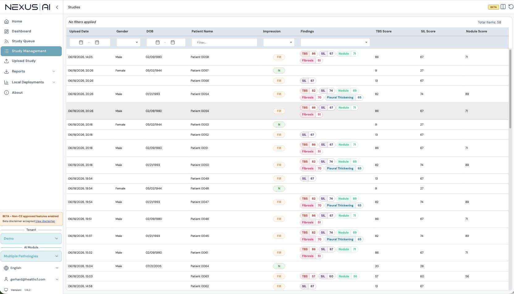 Nexus AI CXR multi-pathology chest X-ray classification dashboard – AI-powered lung health screening
